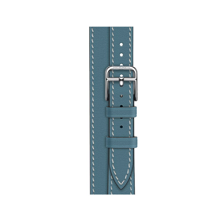 Кожаный ремешок Hermes для Apple Watch Double Tour 42mm Attelage - Голубой (Bleu Jean)
