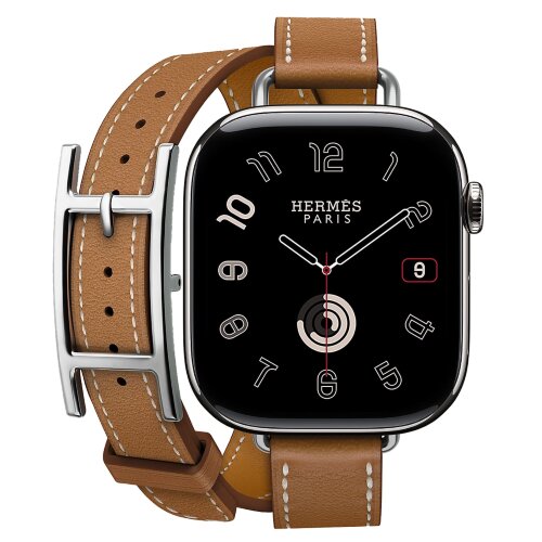 Apple Watch Hermes Series 10 42mm, двойной тонкий кожаный ремешок с пряжкой коричневого цвета
