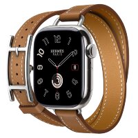 Apple Watch Hermes Series 10 42mm, двойной тонкий кожаный ремешок с пряжкой коричневого цвета