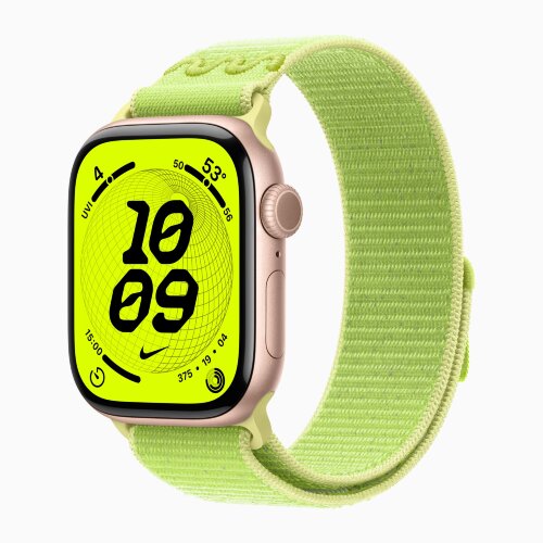 Apple Watch Series 11 42mm, Rose Gold Aluminum Case with Nike Sport Loop - Volt Splash