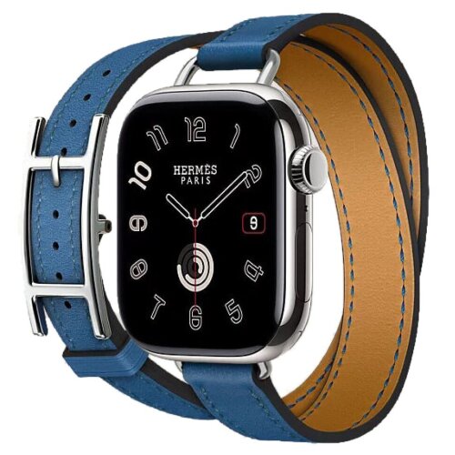 Apple Watch Hermes Series 12 42mm, двойной тонкий синий кожаный ремешок с пряжкой