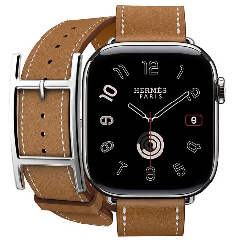 Apple Watch Hermes Series 10 42mm, двойной кожаный ремешок с пряжкой коричневого цвета