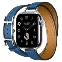 Apple Watch Hermes Series 10 42mm, двойной тонкий кожаный ремешок с пряжкой синего цвета
