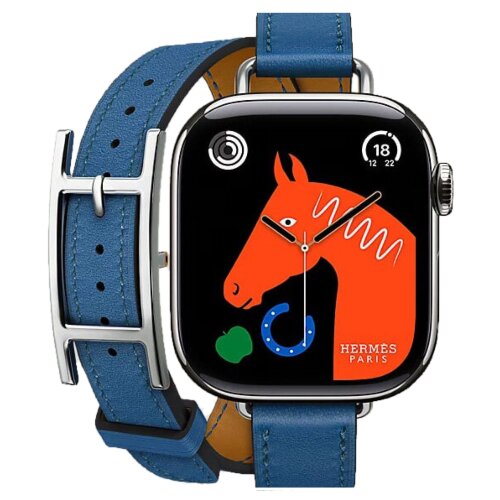 Apple Watch Hermes Series 10 42mm, двойной тонкий кожаный ремешок с пряжкой синего цвета