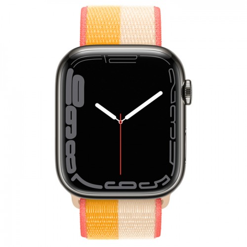 Apple Watch Series 7 45 мм, Сталь графитового цвета, спортивный браслет «Спелый маис/белый»