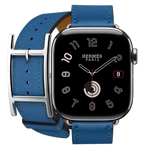 Apple Watch Hermes Series 10 42mm, двойной кожаный ремешок с пряжкой синего цвета