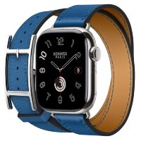 Apple Watch Hermes Series 10 42mm, двойной кожаный ремешок с пряжкой синего цвета