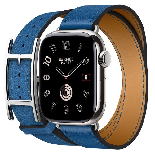 Apple Watch Hermes Series 10 42mm, двойной кожаный ремешок с пряжкой синего цвета