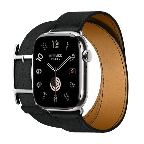 Кожаный двойной ремешок с пряжкой Hermes для Apple Watch 46mm Double Tour Hapi - Черный (Noir)