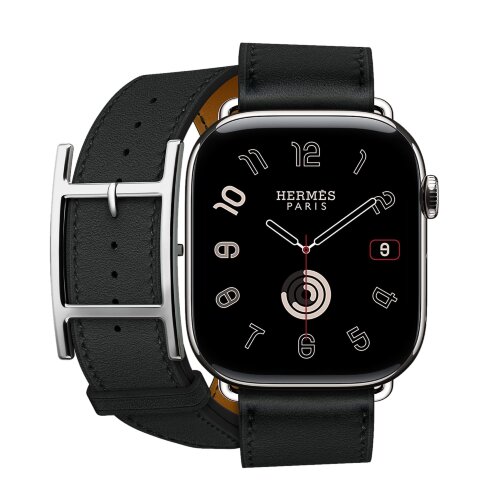 Кожаный двойной ремешок с пряжкой Hermes для Apple Watch 46mm Double Tour Hapi - Черный (Noir)