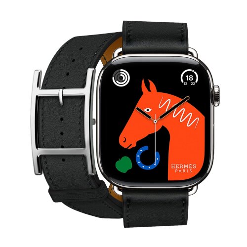 Кожаный двойной ремешок с пряжкой Hermes для Apple Watch 46mm Double Tour Hapi - Черный (Noir)