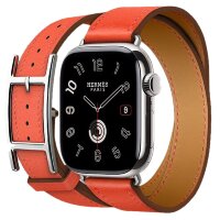 Apple Watch Hermes Series 10 42mm, двойной кожаный ремешок с пряжкой оранжевого цвета