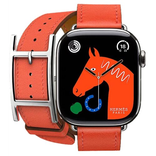 Apple Watch Hermes Series 10 42mm, двойной кожаный ремешок с пряжкой оранжевого цвета