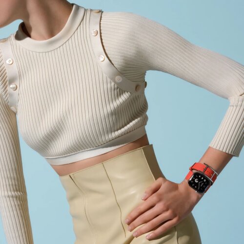 Apple Watch Hermes Series 10 42mm, двойной кожаный ремешок с пряжкой оранжевого цвета