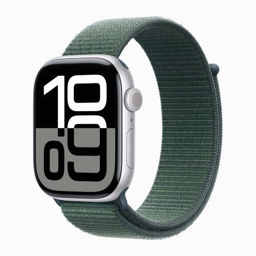Apple Watch Series 10 46mm, Silver Aluminum Case with Sport Loop - Lake Green