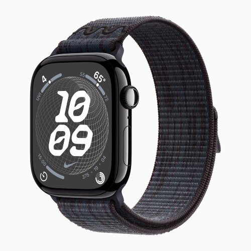 Apple Watch Series 10 42mm, Jet Black Aluminum Case with Nike Sport Loop - Black/Blue