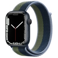 Apple Watch Series 7 45 мм, из алюминия «Тёмная ночь», спортивный браслет «Синий омут/зелёный мох»