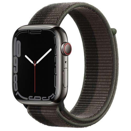 Apple Watch Series 7 45 мм, Сталь графитового цвета, спортивный браслет «Сумрачный торнадо/серый»