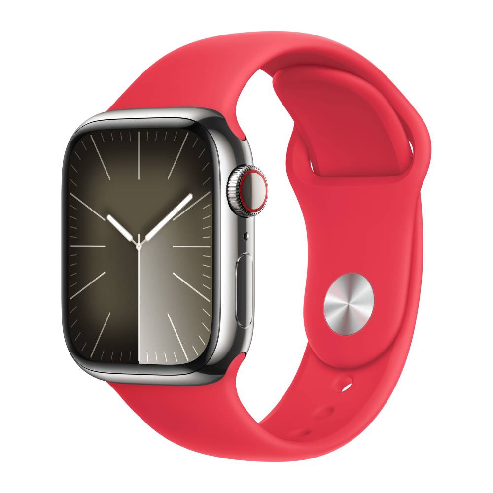 Silver apple watch with red band 2025