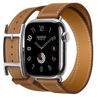 Apple Watch Hermes Series 10 46mm, двойной кожаный ремешок с пряжкой коричневого цвета