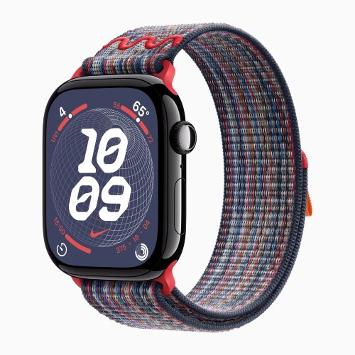 Apple Watch Series 10 42mm, Jet Black Aluminum Case with Nike Sport Loop - Blue/Red