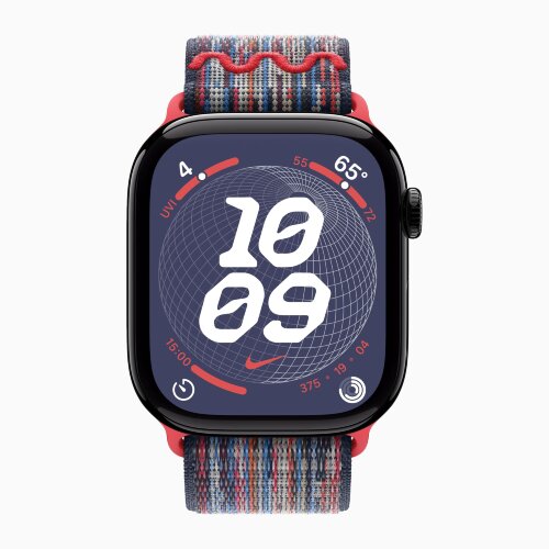 Apple Watch Series 10 42mm, Jet Black Aluminum Case with Nike Sport Loop - Blue/Red