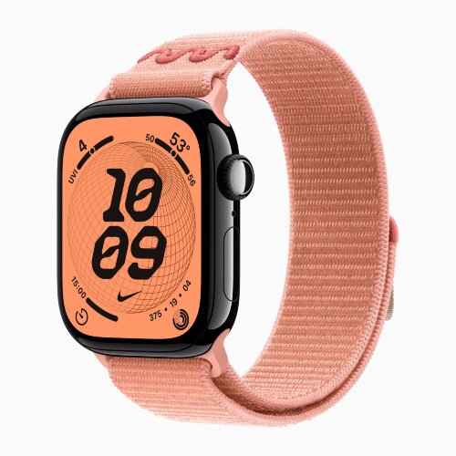 Apple Watch Series 11 42mm, Jet Black Aluminum Case with Nike Sport Loop - Alpenglow Pink
