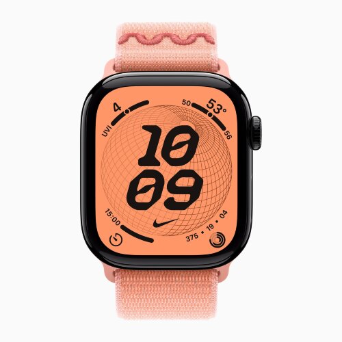 Apple Watch Series 11 42mm, Jet Black Aluminum Case with Nike Sport Loop - Alpenglow Pink