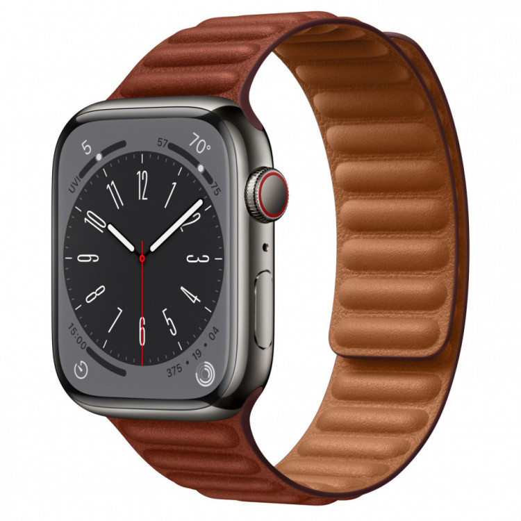 Apple Watch Series 9 41mm, нержавеющая сталь графитового цвета, кожаный коричневый ремешок