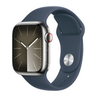 Apple Watch Series 9 45mm, Silver Stainless Steel Case with Sport Band - Storm Blue