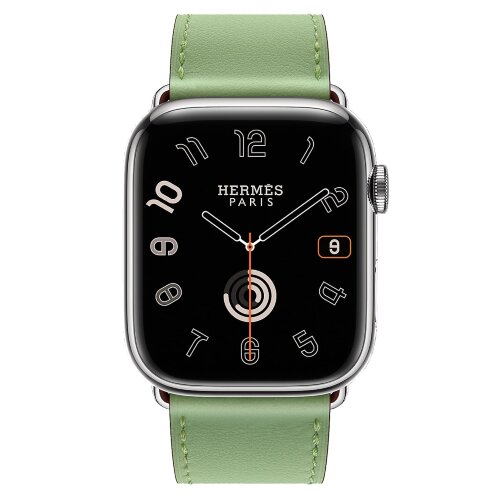Apple Watch Hermes Series 9 45mm, классический кожаный ремешок зеленого цвета