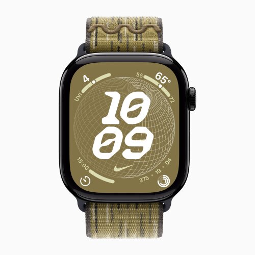 Apple Watch Series 10 42mm, Jet Black Aluminum Case with Nike Sport Loop - Green/Grey