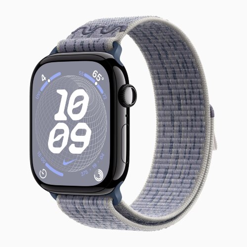 Apple Watch Series 10 42mm, Jet Black Aluminum Case with Nike Sport Loop - Grey/Blue