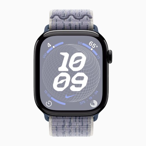 Apple Watch Series 10 42mm, Jet Black Aluminum Case with Nike Sport Loop - Grey/Blue