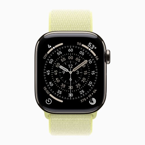 Apple Watch Series 11 42mm, Natural Titanium Case with Sport Loop - Neon Yellow