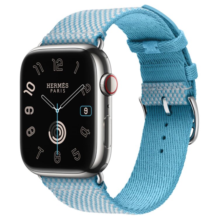 Apple Watch Hermes Series 9 45mm, клетчатый ремешок из плетеного нейлона голубого цвета