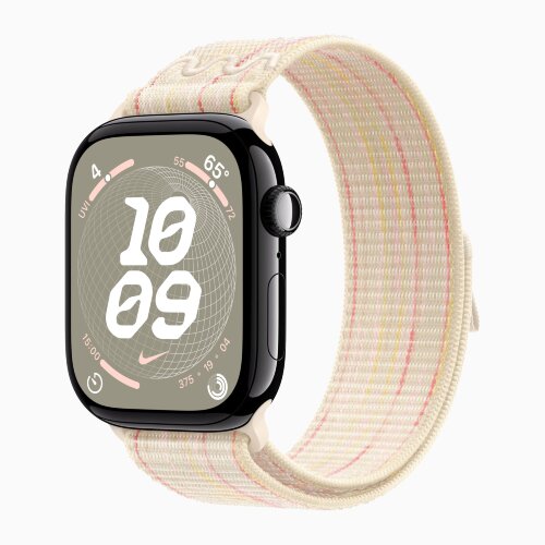 Apple Watch Series 10 42mm, Jet Black Aluminum Case with Nike Sport Loop - Starlight/Pink
