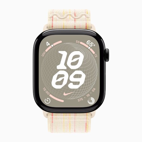 Apple Watch Series 10 42mm, Jet Black Aluminum Case with Nike Sport Loop - Starlight/Pink