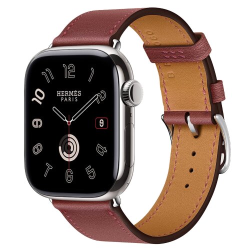 Apple Watch Hermes Series 10 42mm, классический кожаный темно-красный ремешок