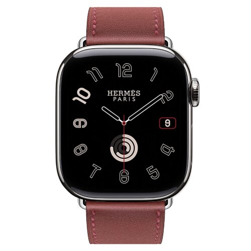 Apple Watch Hermes Series 10 42mm, классический кожаный темно-красный ремешок
