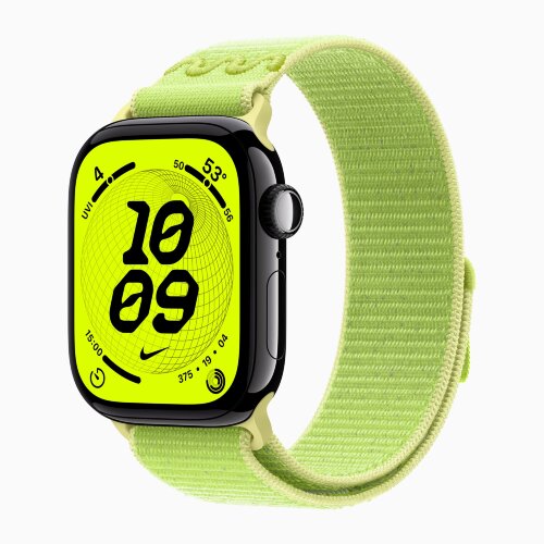 Apple Watch Series 11 42mm, Jet Black Aluminum Case with Nike Sport Loop - Volt Splash