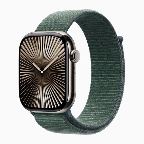 Apple Watch Series 10 46mm, Natural Titanium Case with Sport Loop - Lake Green