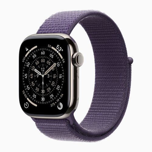 Apple Watch Series 11 42mm, Natural Titanium Case with Sport Loop - Purple Fog