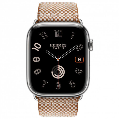 Apple Watch Hermes Series 10 46mm, клетчатый ремешок из плетеного нейлона золотой с белым