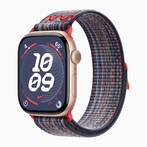 Apple Watch Series 10 42mm, Rose Gold Aluminum Case with Nike Sport Loop - Blue/Red