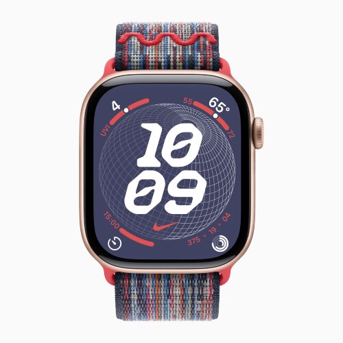 Apple Watch Series 10 42mm, Rose Gold Aluminum Case with Nike Sport Loop - Blue/Red