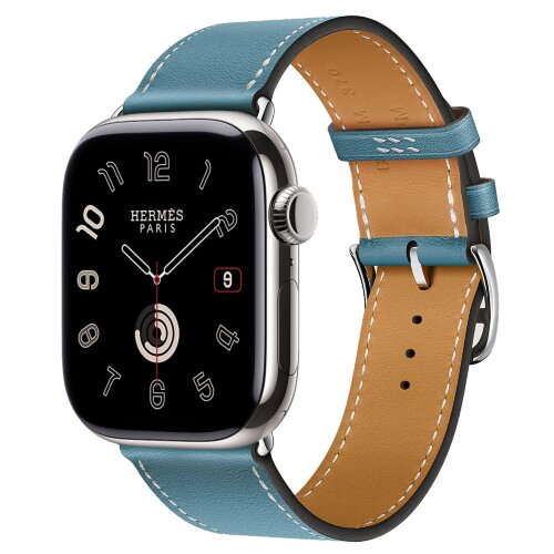 Apple Watch Hermes Series 10 46mm,  ремешок классический кожаный голубого цвета