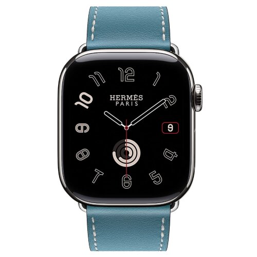 Apple Watch Hermes Series 10 46mm,  ремешок классический кожаный голубого цвета