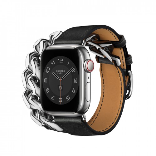 Двойной кожаный ремешок Hermès Gourmette с металлической цепью 41mm для Apple Watch - Черный