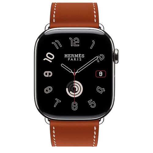 Apple Watch Hermes Series 11 46mm, классический кожаный красно-коричневый ремешок